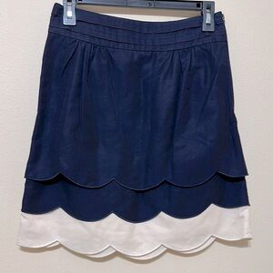 Anthropologie Floreat Navy Blue and‎ Off White Scalloped Mini Skirt, Size 2